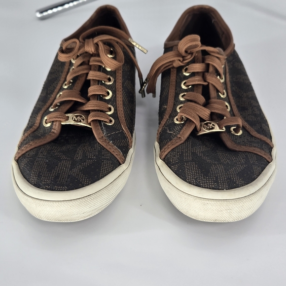 Michael Kor's Monogrammed Brown Sneakers W/ Gold Inside & MK Charm Luxury Sz 8 - Picture 12 of 16